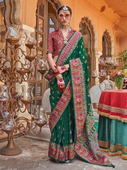 Elora - Soft Silk Butta & Pashmina Printed Saree (Dark Green)