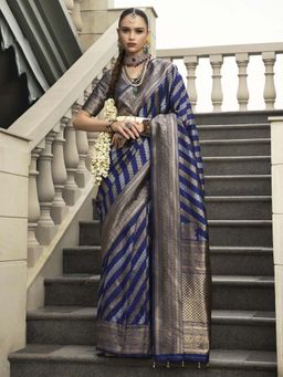 Akhilam - Women Silk Blend Navy Blue Woven Design Saree with Unstitched Blouse