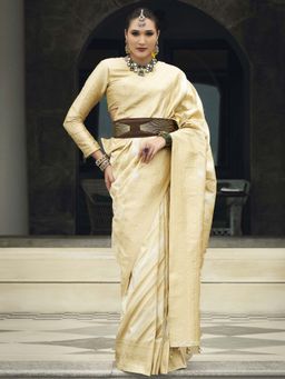 Akhilam - Women Silk Blend Cream Woven Design Designer Saree with Unstitched Blouse