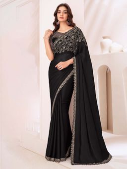 Akhilam - Women Chiffon Black Embellished Designer Saree with Unstitched Blouse