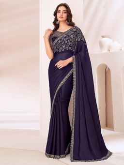Akhilam - Women Chiffon Purple Embellished Designer Saree with Unstitched Blouse