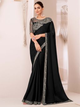Akhilam - Women Georgette Black Embellished Designer Saree with Unstitched Blouse