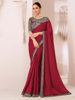 Akhilam - Women Georgette Maroon Embellished Designer Saree with Unstitched Blouse