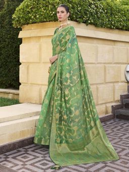 Akhilam - Women Jacquard Light Green Woven Design Saree with Unstitched Blouse