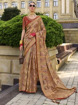 Akhilam - Women Jacquard Beige Woven Design Designer Saree with Unstitched Blouse