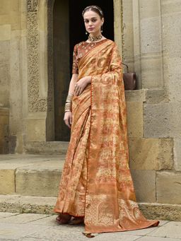 Akhilam - Women Jacquard Beige Woven Design Designer Saree with Unstitched Blouse