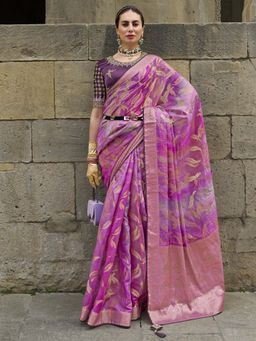 Akhilam - Women Jacquard Pink Woven Design Designer Saree with Unstitched Blouse