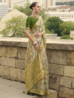 Akhilam - Women Jacquard Green Woven Design Designer Saree with Unstitched Blouse