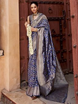 Akhilam - Women Silk Blend Navy Blue Woven Design Saree with Unstitched Blouse