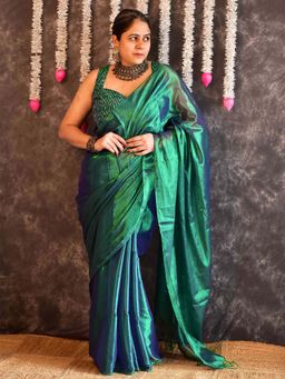Sundarii - Minty Gloss Tissue Saree with Unstitched Blouse