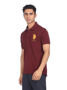 U.S. POLO ASSN. - Men Maroon Cotton Solid Polo T-shirt