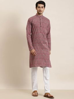 SOJANYA - Men Cotton Brown & Magenta Printed Kurta with White Churidar Pyjama (Set of 2)