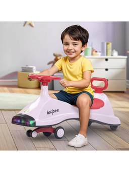 BAYBEE - Pink Primo Swing Car - 360degree Steering RGB Lights & Music