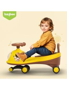 BAYBEE - Yellow/Brown Astro Baby Swing Car - 360degree Steering LED Lights & Music