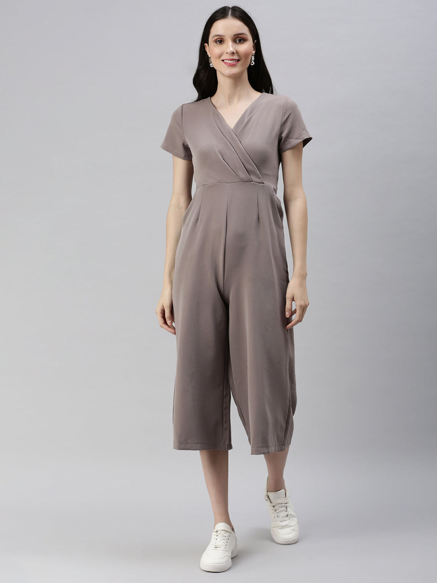 showoffff Women V-Neck Beige Solid Jumpsuit-picture-13