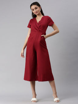 SHOWOFF - Women V-Neck Maroon Solid Jumpsuit
