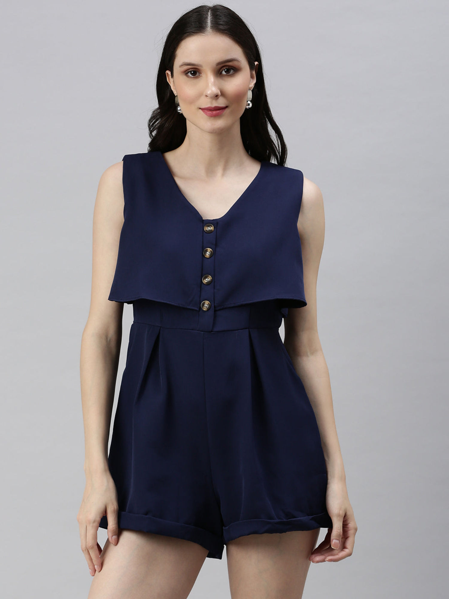 showoffff Women V-Neck Navy Blue Solid Playsuit-picture-36