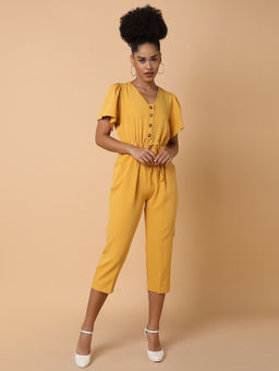 SHOWOFF - Women V-Neck Yellow Solid Jumpsuit