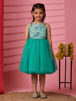 Toy Balloon Kids - Rama Turquoise Green Knee Length Girls Party Wear Dress