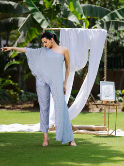 Sukruti Design - Blue One Shoulder Printed Co-Ord (Set of 2)