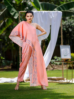 Sukruti Design - Soft Peach One Shoulder Printed Co-Ord (Set of 2)