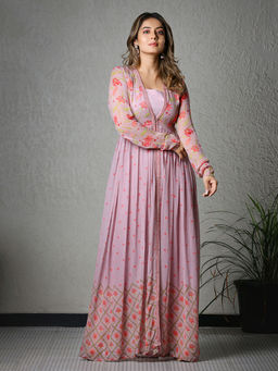 Sukruti Design - Flamingo Pink Long Jacket with Crop Top and Pant (Set of 3)