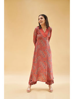 Sukruti Design - Rust V-Neck Paisley Printed Kurta with Pant (Set of 2)