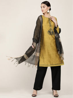 Soch - Mustard Machine Embroidery Art Silk Unstitched Dress Material ( Set of 3 )