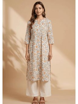 PANCHRANGA - White Bloom Hand Block Cotton Pintuck Kurta