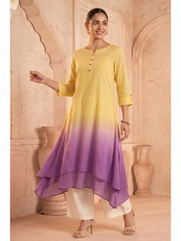 PANCHRANGA - Yellow Sunlit Amethyst Ombre Mulmul Layered Dress
