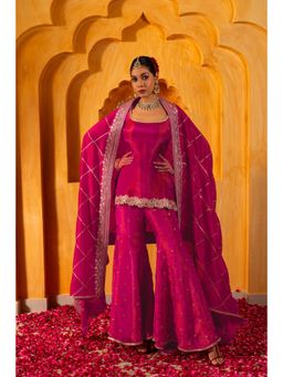 MONK & MEI - Rani Pink Mihira Embroidered Short Kurta with Sharara and Dupatta