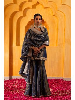 MONK & MEI - Blue Mihira Embroidered Short Kurta with Sharara and Dupatta