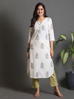 EARTHWEAR - White Printed Cotton Kurta