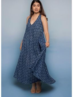 The Indian Ethnic Co. - Tashi Indigo Dabu Mul Cotton A Line Dress