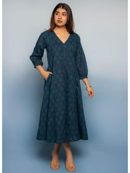 The Indian Ethnic Co. - Aania Blue Dabu Mul Cotton A Line Dress