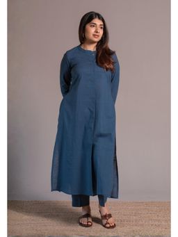 The Indian Ethnic Co. - Indigo Solid Slub Cotton Straight Kurta