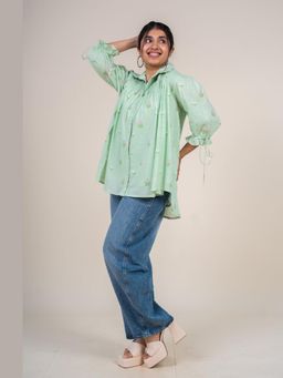 The Indian Ethnic Co. - Yuvika Mint Green Printed Mul Straight Short Top