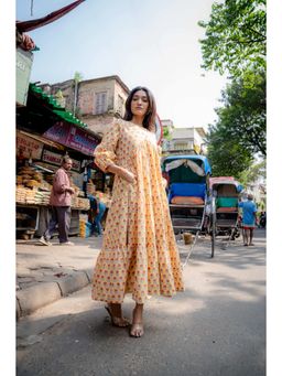 NUCHIC - Women Plus-Size Yellow Print Cotton Tiered Maxi Dress