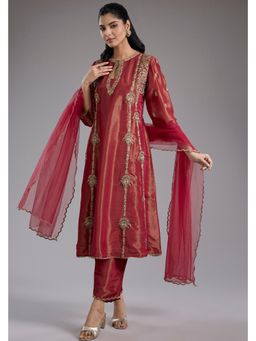 Studio A - Rust Tissue A-Line Dori Machine Embroidery Kurta with Pant and Dupatta