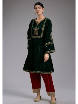 Studio A - Green Velvet Aari and Hand Embroidery Kurta with Salwar