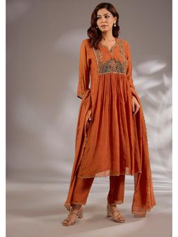 Studio A - Orange Mul Chanderi Base with Hand Embroidery Anarkali Kurta with Pant and Dupatta
