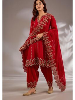 Studio A - Red Silk Base with Dori Embroidery Anarkali Kurta with Salwar and Dupatta