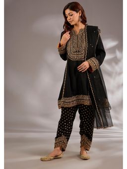 Studio A - Black Silk Base with Dori Hand Embroidery Short Anarkali Kurta with Pant and Du Atta