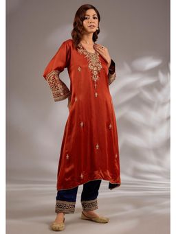 Studio A - Orange A-Line Satin Organza Base with Dori Hand Embroidery Kurta with Pant