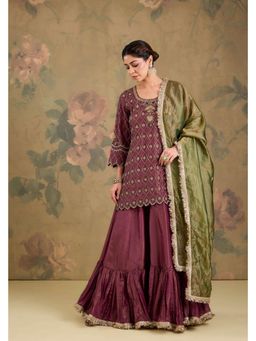 Studio A - Magenta Tissue Flared Contrast Dupatta with Sharara and Kurta