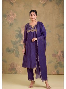 Studio A - Blue Mul Chanderi Yoke Embroidered Anarkali Kurta with Pant and Dupatta
