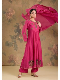 Studio A - Magenta Mul Chanderi Anarkali with Pant and Dupatta