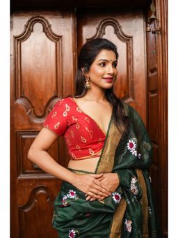 Shobitam - Red Deep V Neck Tie Back Stitched Blouse