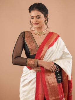 Shobitam - Black Red and Antique Gold Plunge Neck Sheer Sleeve Stitched Blouse