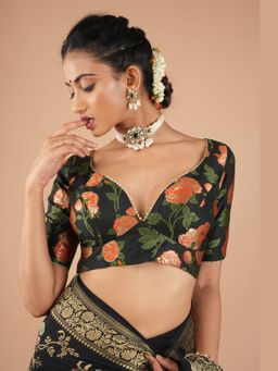 Shobitam - Black Banarasi Meenakari Plunge Neck Gotta Detailing Stitched Blouse